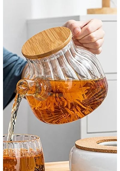 Borosilikat Cam Demlik Bambu Kapak Bitki Demliği 1 Litre 9506 Şeffaf