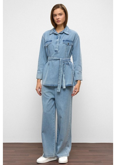 Olcay Geniş Paça Pantolon Denim İkili Takım Mavi 9379-tk