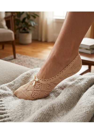 Heren Socks Heren 4'lü Dantelli Kadın Babet Çorap , Fiyonklu , Fileli ASORTİ