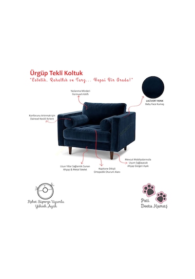 Ürgüp Tekli Koltuk Berjer 90 Cm Genişlik 90 Cm Derinlik Lacivert