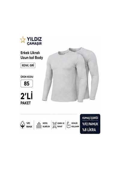 Yıldız Çamaşır Erkek Likralı Uzun Kol Bady Fanila Atlet 85-86-87 - 2 Adet Gri