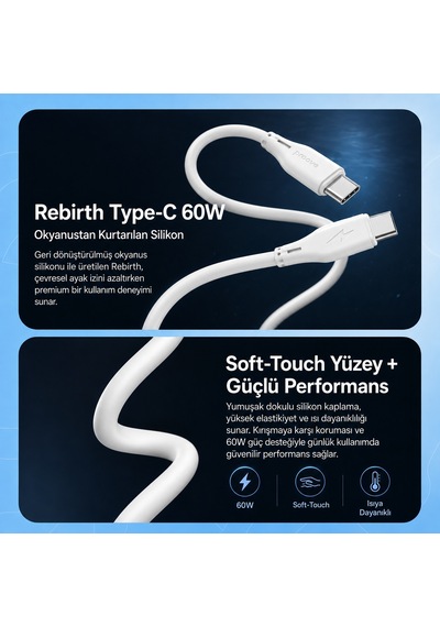 Proove Rebirth Type-c To Type-c 60w Hızlı Şarj Ve Veri Kablosu 1m Telefon Ve Tablet Uyumlu