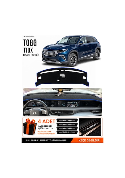 Togg T10x 2023-2026 Uyumlu Torpido Koruma, Torpido Örtüsü, Torpido Kılıfı - Siyah Mavi