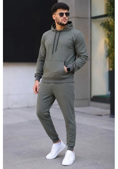 Oada Erkek İki İplik Kapüşonlu Kanguru Cepli Sweatshirt Jogger Pantolon Alt Üst Eşofman Takımı - Haki