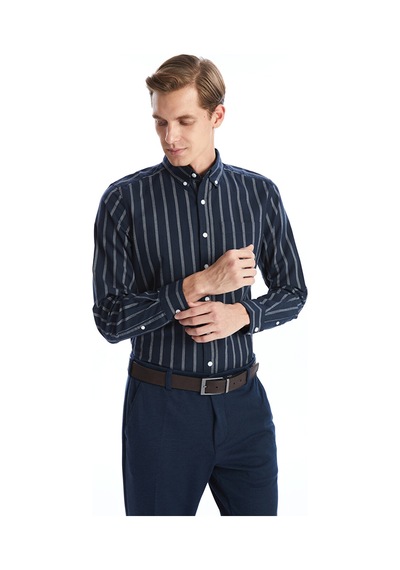 Lcwaıkıkı Classic Lacivert Regular Fit Uzun Kollu Çizgili Erkek Gömlek
