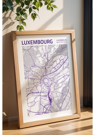 Lüksemburg Luxembourg Şehir Haritası Çerçeveli Tablo Lüks Salon Ofis Duvar Dekorasyonu Tablo Kayın