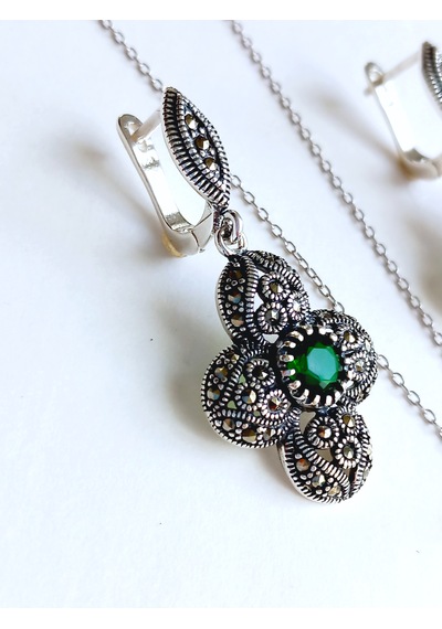 Gümüş Markazit Yeşil Taşlı Otantik Tasarım Kolye Küpe Kadın Set