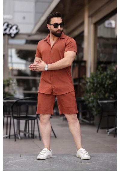 Mfz Giyim Kiremit Renk Ottoman Kumaş Slim Fit Erkek Şort - Gömlek Alt Üst Takım