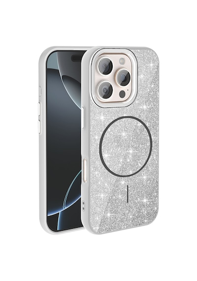 Zore İphone 16 Pro Max Kılıf Magsafe Şarj Özellikli Parlayan Simli Ogaa Okso Kapak - Beyaz