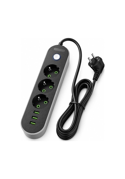 3 Usb Portlu 3 Lü Topraklı Uzatma Priz 3 Metre Kablolu Açma Kapama Anahtarlı 2500w 10a 250v Akıllı Şarj Otomatik Akım Ayarlı Pc Abs Çoklu Priz E103 Siyah