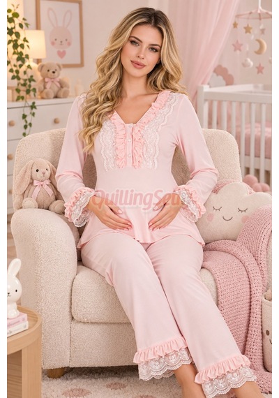 Lady Bebe Pembe Renkli Dantel Detaylı 33208 Uzun Kol 2 Parça Lohusa Hamile Pijama Takımı Açık Pembe