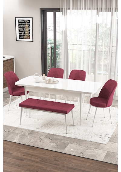 Canisa Concept Zen Serisi 80x132 Mdf Açılabilir Beyaz Masa Takımı 4 Bordo Sandalye Ve 1 Bench Masa Beyaz Sandalye Ve Bench Bordo Canisa Concept Zen Serisi 80x132 Mdf Açılabilir Beyaz Masa Takımı 4 Bordo Sandalye Ve 1 Bench Masa Beyaz Sandalye Ve Bench Bordo
