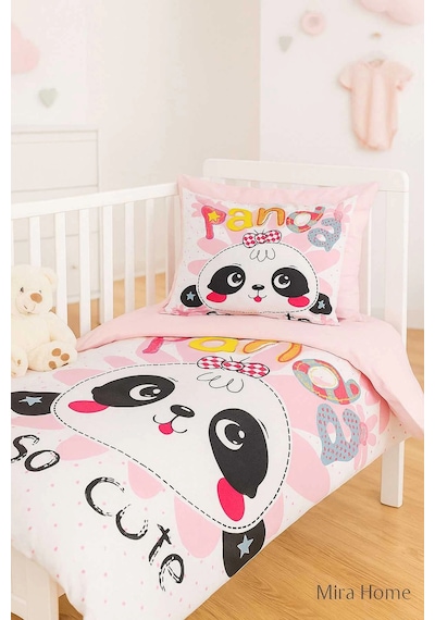 Yenidoğan Kız Bebek Nevresim Takımı %100 Pamuklu Panda So Cute Çok Renkli
