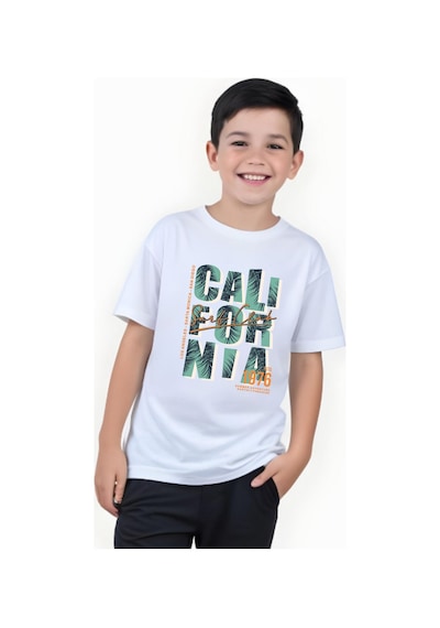 Panios Kids 1976 Cali Baskılı Erkek Çocuk Yuvarlak Yaka Kısa Kollu T-shirt Beyaz