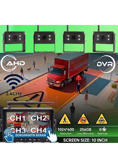 10 İnç Dvr 4 Kameralı Kablosuz Dokunmatik Ahd 1080p Bsd Kör Nokta Uyarı 12 24 Volt