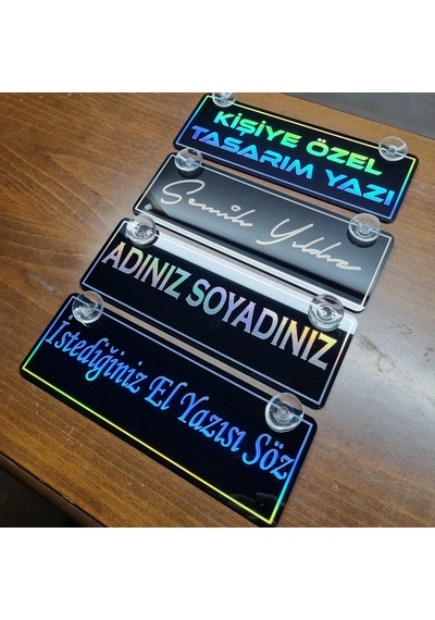 Kişiye Özel Hologram Vantuzlu Dekor Plaka Parlak Siyah Pleksi Oto Aksesuar Vantuzlu 22x7,5 Cm Lazer Kesim