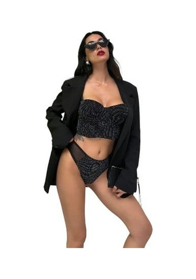 Onsekiz18shop Destekli Pırıltılı Taşlı Siyah Büstiyer Takım
