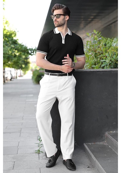 Madmext Siyah Yarım Fermuarlı Polo Yaka Triko Erkek Tişört E7501