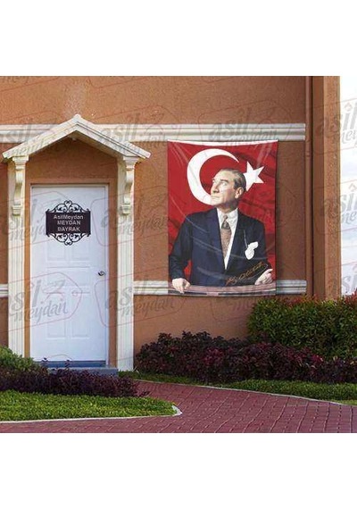 Göğe Bakan Gazi Mustafa Kemal Atatürk İmzalı Portre - Sivil Türk Bayrağı Poster - Bayrak 100x150 Cm 1