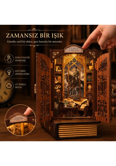 Atatürk Çalışma Odası Mini Kitap Evi Dıy Book Nook Kit, Led Işıklı Ahşap Minyatür Hobi Seti