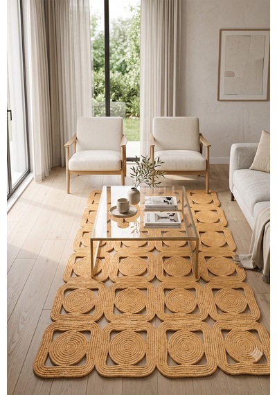 Jüt Hasır Kare Kilim Dekoratif Halı Yolluk Doğal Görünümlü Bohem Modern Ev Dekorasyonu Salon Oturma Mutfak Balkon Çocuk Odası 160kırçıllıhasır