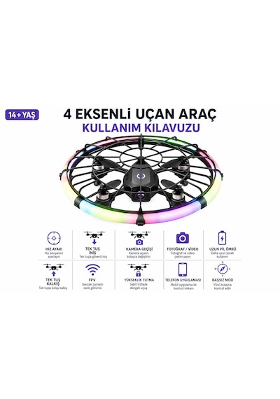 M18 Ufo Dron 4 Eksenli Uçan Araç Daire Renkli Işıklı 2.4 Ghz Uzaktan Kumanda Uygulama İle Kontrol Kameralı Engel Algılama Çarpmaya Dayanıklı 460 Derece Dönüş Tek Tuş İniş Kalkış Başsız Mod Fpv Görüntü