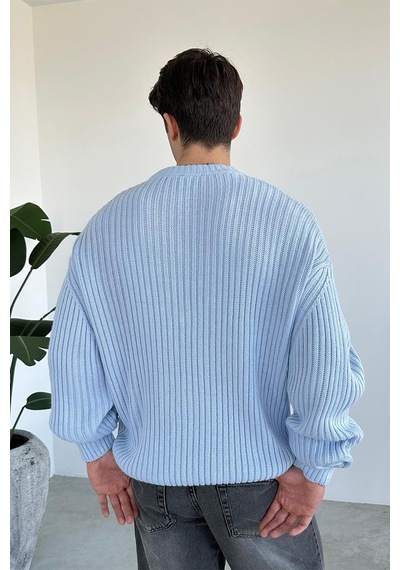 Bebe Mavisi Bisiklet Yaka Fitilli Oversize Triko Kazak Mavi