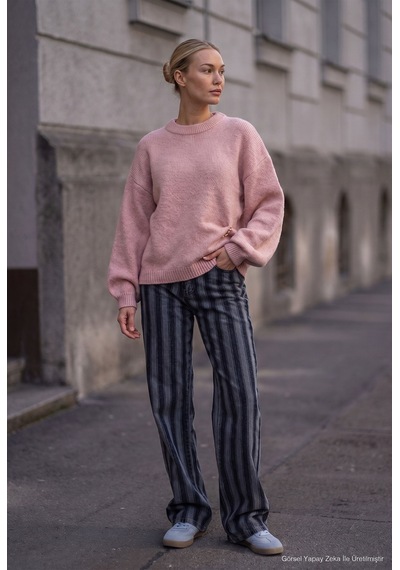 Kadın Pembe W6-98 Oversize Aksesuar Detaylı Tasarım Triko Kazak