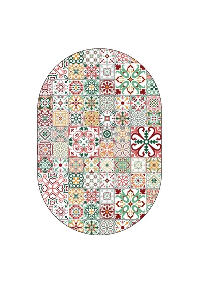 Frenda Home Çini Desenli Pamuk Taban Yıkanabilir Baskılı Oval Halı Kırmızı