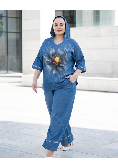 Büyük Beden Denim Kapüşonlu Çiçek Baskılı Kısa Kollu Bol Paça Kadın Alt Üst Takım Mavi