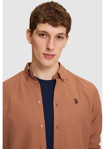 U.S. Polo Assn. Erkek Açık Kahverengi Slim Fit Uzun Kollu Basic Gömlek 50324708-vr134 Kakao
