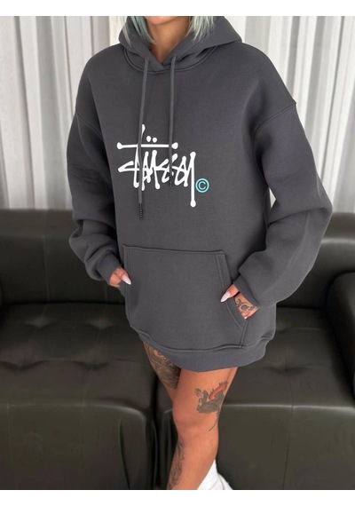 Mbb E-ticaret Kadın Oversize Kapüşonlu Cepli Baskılı 3 İplik Pamuklu Hoodie Sweatshirt - Füme