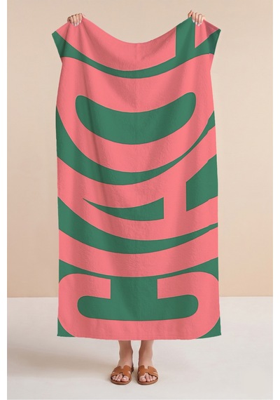 Ciao Tipografik Büyük Yazılı Plaj Havlusu - Minimalist Pembe Yeşil Hızlı Kuruyan Mikrofiber Havlu Sessiz Mercan