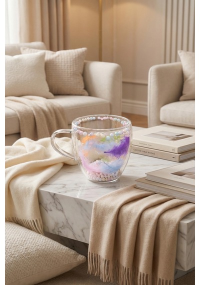 Makri Home Boncuklu Tüylü Çift Cidarlı Cam Kupa, 350 Ml, 11 Cm X 8 Cm Çok Renkli