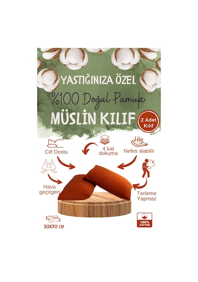 Kiremit 4 Katlı Müslin Yastık Kılıfı 50x70cm 2adet