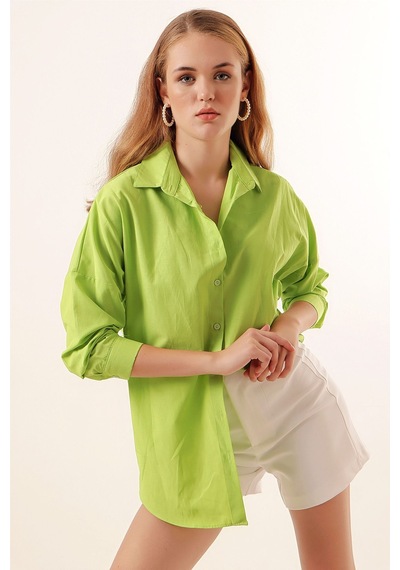 Hiccup Bdart Oversize Uzun Kollu Poplin Gömlek Limon Yeşili