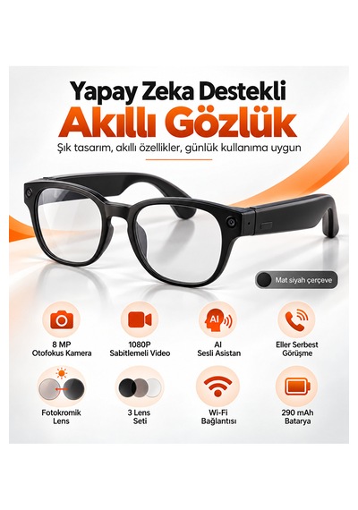 Yapay Zeka Destekli Akıllı Gözlük 8mp Kameralı 1080p Video Wifi Fotokromik Lens 3 Lens