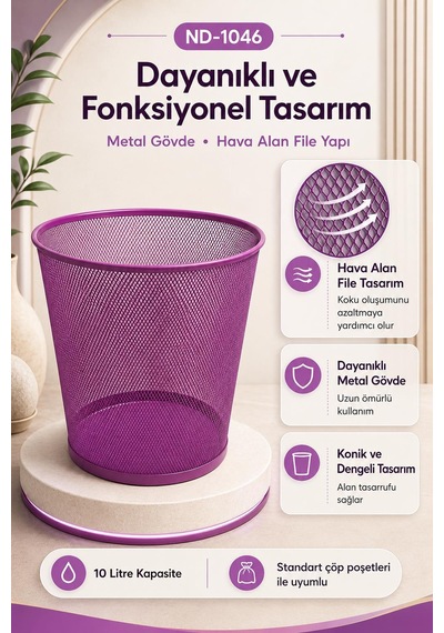 Need Tam Delikli Metal Fileli Mor Çöp Kovası - Nd-1046
