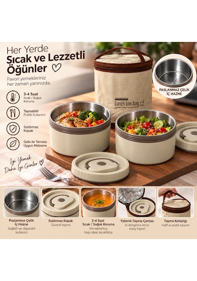 Favora 2'li Çelik Termoslu Lunch Box Yemek Kabı Seti Bej