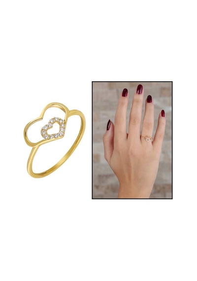 Zirkon Taşlı Iç Içe Kalp Tasarım Gold Renk 925 Ayar Gümüş Bayan Y (499798339)