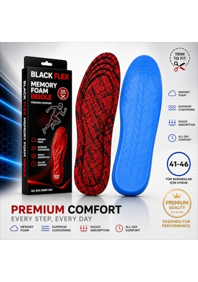 Perfect Fit Ark Destekli Kırmızı Erkek Memory Foam Darbe Emici Hafızalı İç Tabanlık 41-46 Numaraya Göre Kolay Kesilebilir