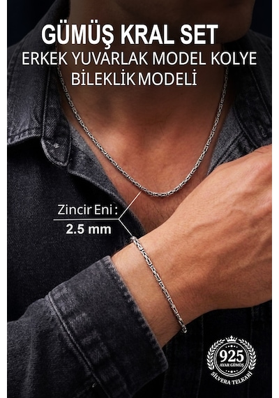 2.5 Mm Kral Yuvarlak 925 Ayar Gümüş Erkek Kolye Ve Bileklik Seti St424