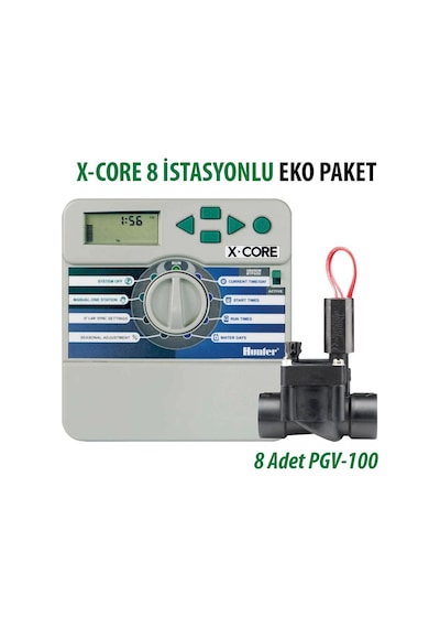 Hunter X-core 8 İstasyon İç/dış Mekan Kontrol Ünitesi 24v Ve 8 Adet Pgv-100-gb 1" Vana Seti