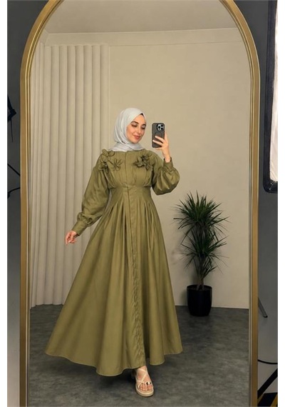 Neşeli Butik Kadın Yeşil Belden Oturtmalı Çiçek Detaylı Premium Tesettür Elbise Nbvq4933