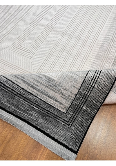 Modern Çerçeveli Siyah Beyaz Makina Halısı 160x230 Krem Gri