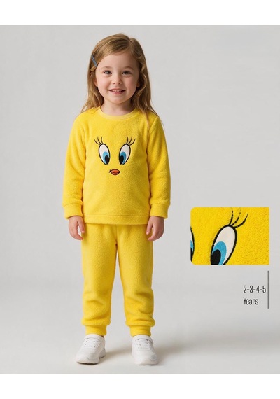 Umutgiyim Kız Çocuk Peluş Tweety Desenli 2 Parça Pijama Takımı Sarı