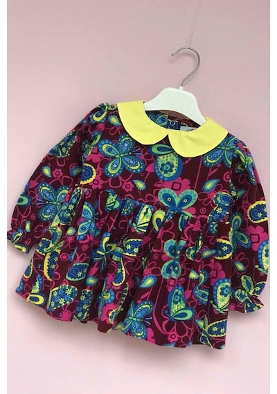 Bebe Yaka Kelebek Desenli Pazen Kız Çocuk Bebek Renkli Elbise 001