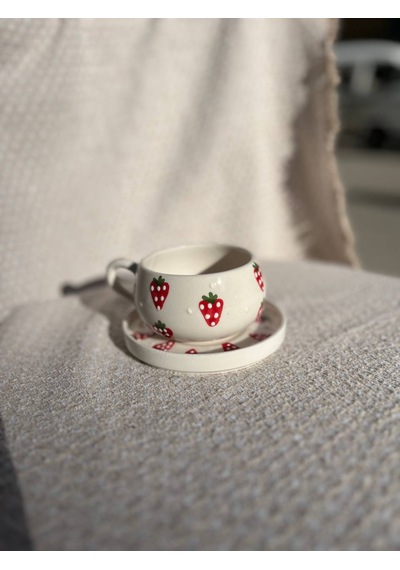 El Yapımı Seramik Kupa, Mug, Türk Kahvesi Bardağı Çilek Desenli