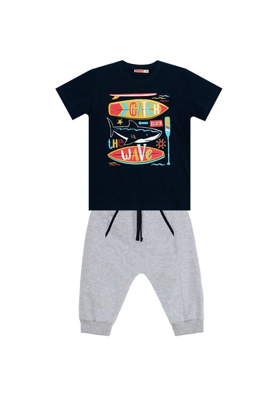 Denokids Catch Wave Shark Lacivert Erkek Çocuk Yazlık T-shirt Kapri Şort Takım