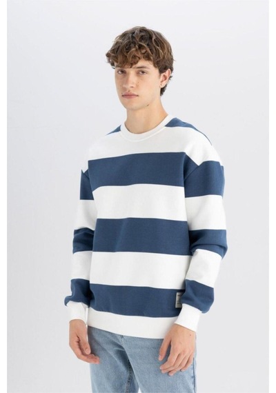 Defacto Boxy Fit Bisiklet Yaka Çizgili Sweatshirt A9066AX24AUBE88 Mavi